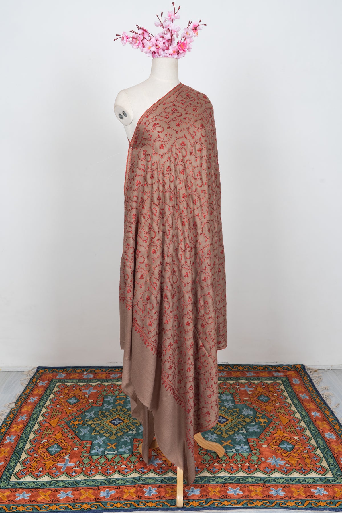Rosewood Whisper: Merino wool 2.5 Yards Sozni Hand Embroidered Shawl