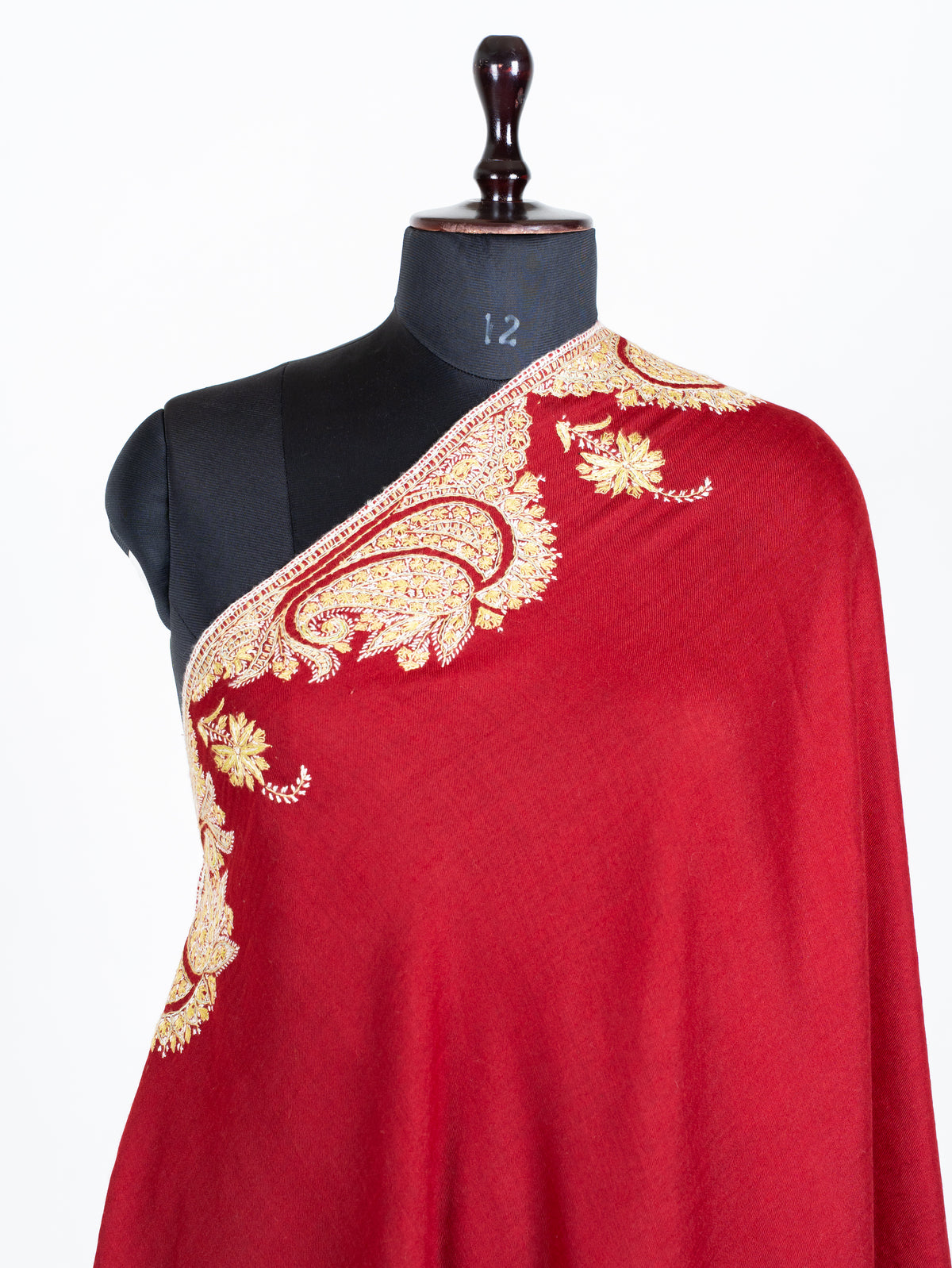 Crimson Red Merino Wool Shawl with Traditional Sozni Hand Embroidered Paisleys