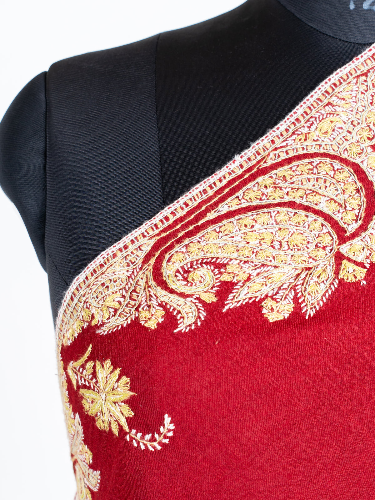 Crimson Red Merino Wool Shawl with Traditional Sozni Hand Embroidered Paisleys
