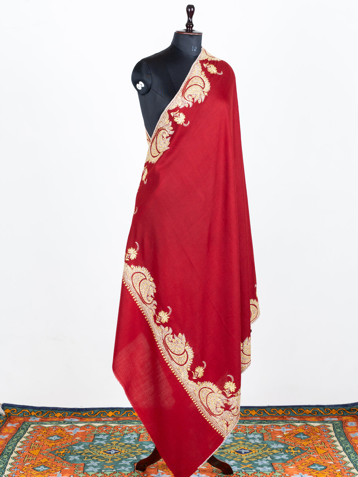 Crimson Red Merino Wool Shawl with Traditional Sozni Hand Embroidered Paisleys