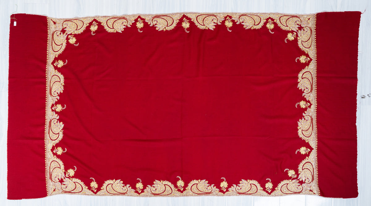 Crimson Red Merino Wool Shawl with Traditional Sozni Hand Embroidered Paisleys