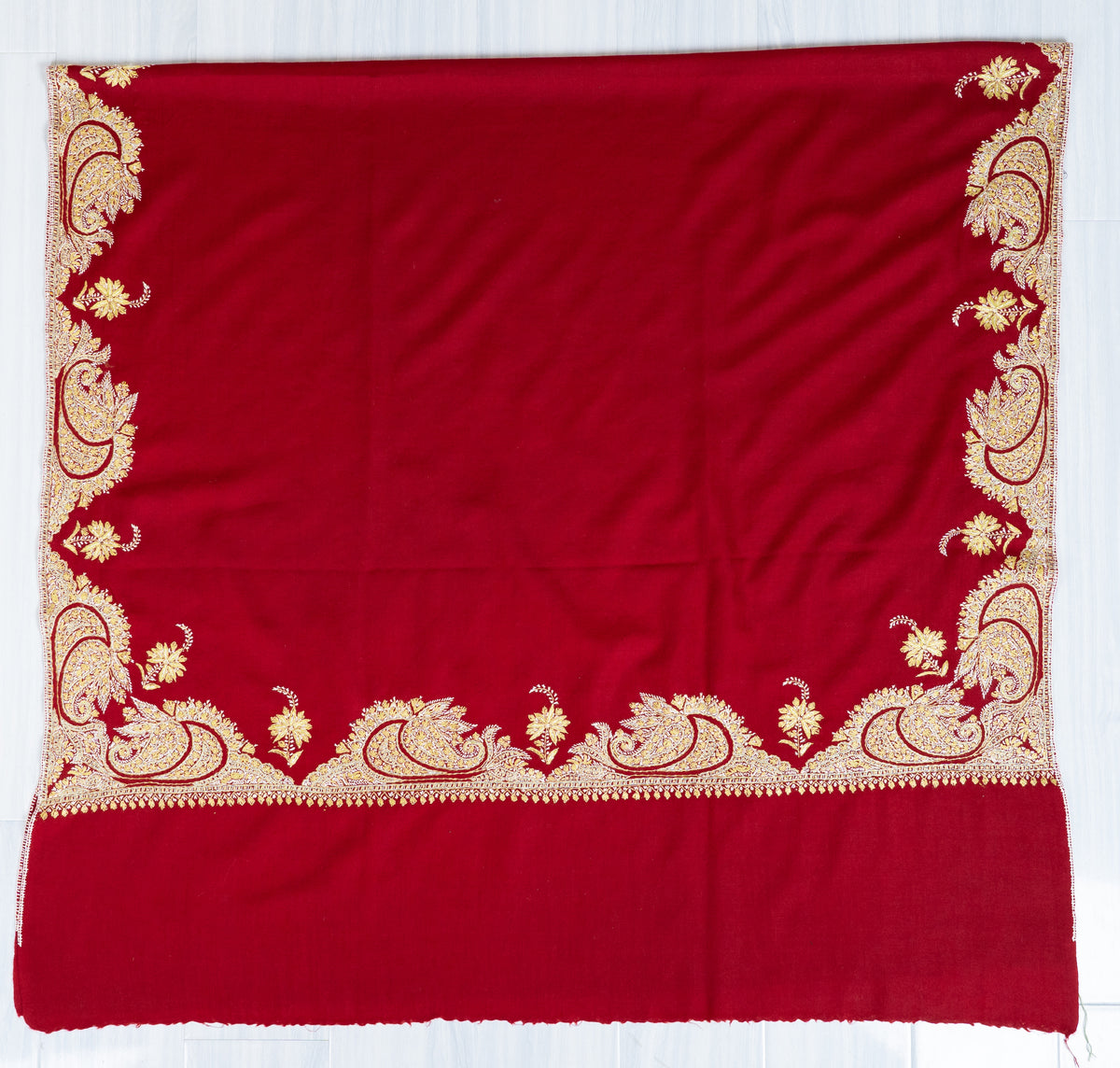 Crimson Red Merino Wool Shawl with Traditional Sozni Hand Embroidered Paisleys