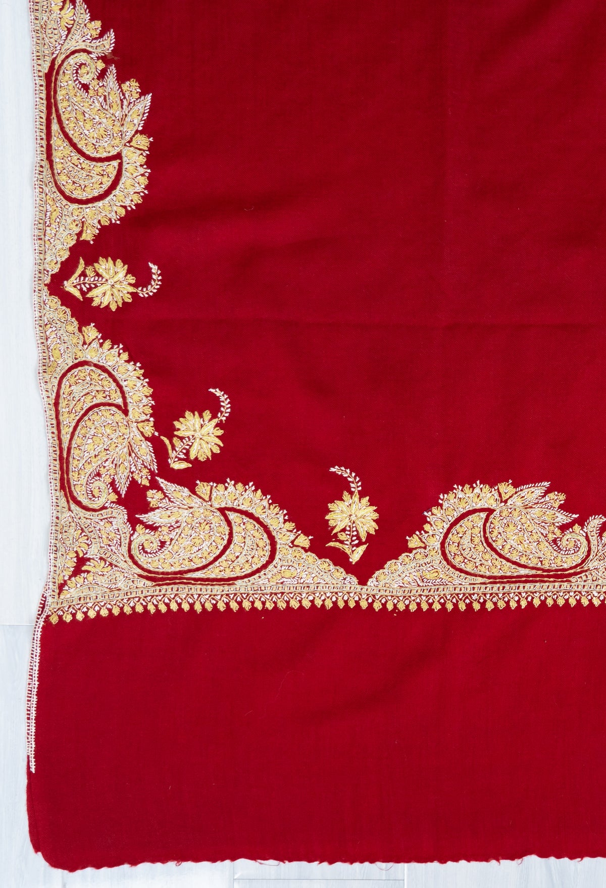 Crimson Red Merino Wool Shawl with Traditional Sozni Hand Embroidered Paisleys