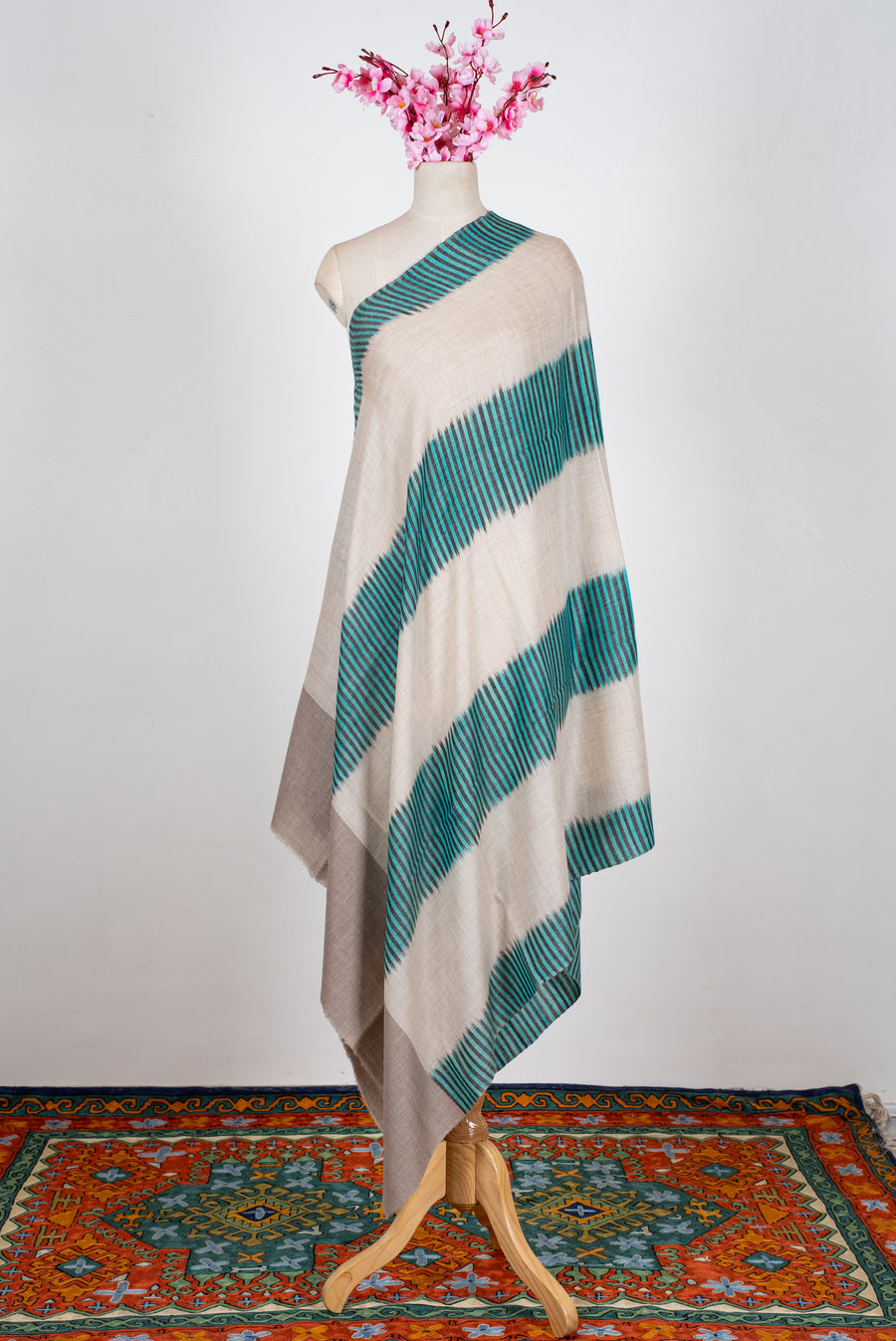 Turquoise Tide Flow: Pure Pashmina Ikat Shawl