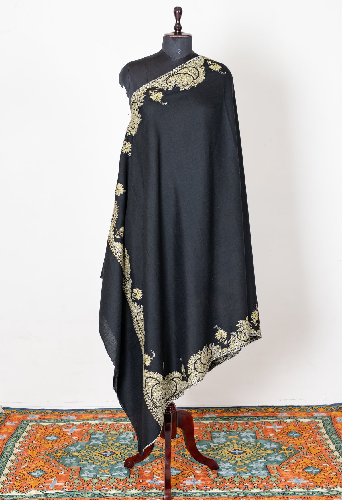 Midnight Black Merino Wool Shawl with Golden Sozni Hand Embroidered Paisleys