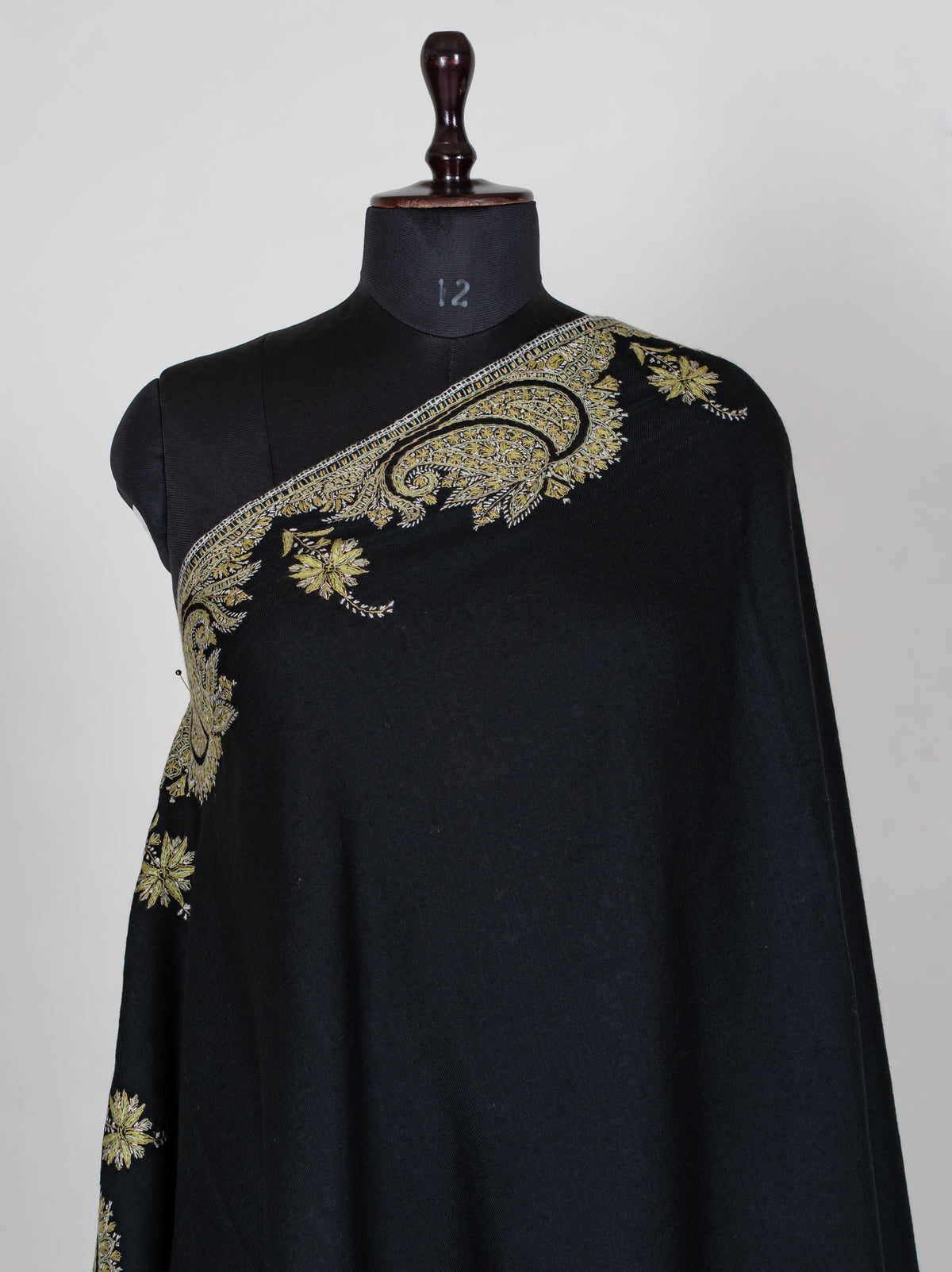 Midnight Black Merino Wool Shawl with Golden Sozni Hand Embroidered Paisleys