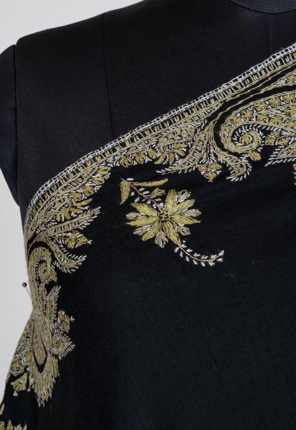Midnight Black Merino Wool Shawl with Golden Sozni Hand Embroidered Paisleys
