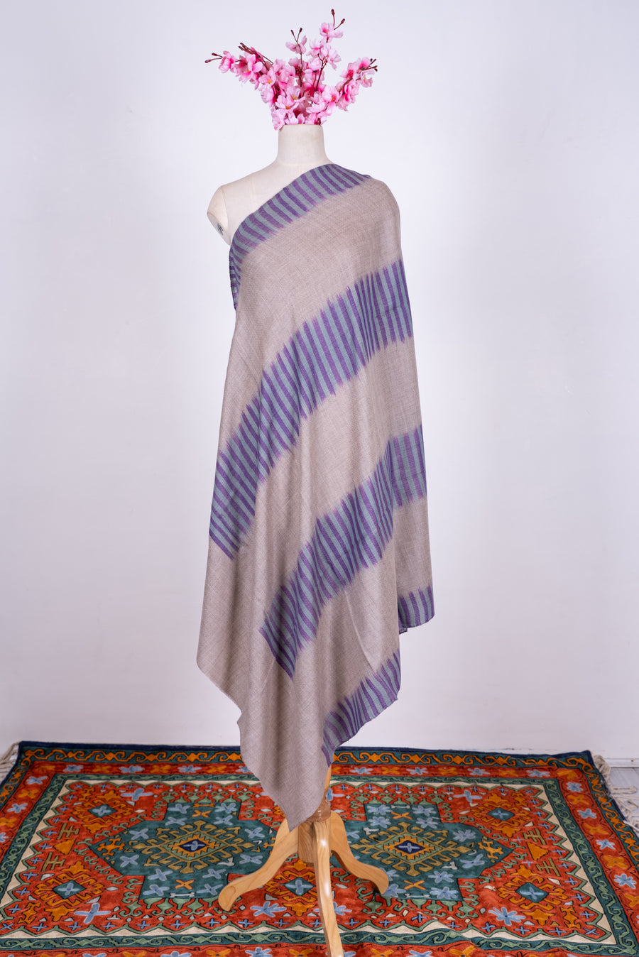 Lavender Dusk Lines: Pure Pashmina Ikat Shawl