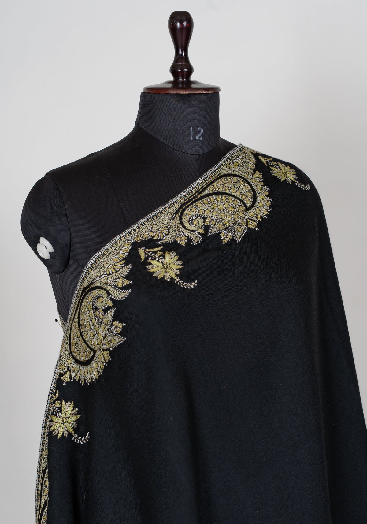 Midnight Black Merino Wool Shawl with Golden Sozni Hand Embroidered Paisleys