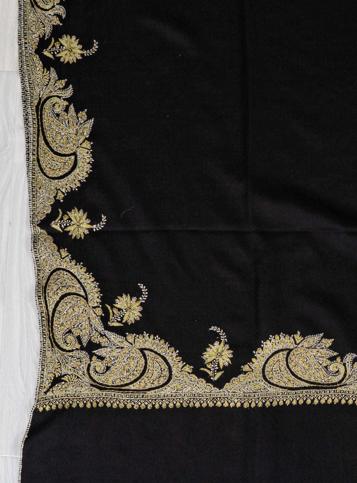 Midnight Black Merino Wool Shawl with Golden Sozni Hand Embroidered Paisleys