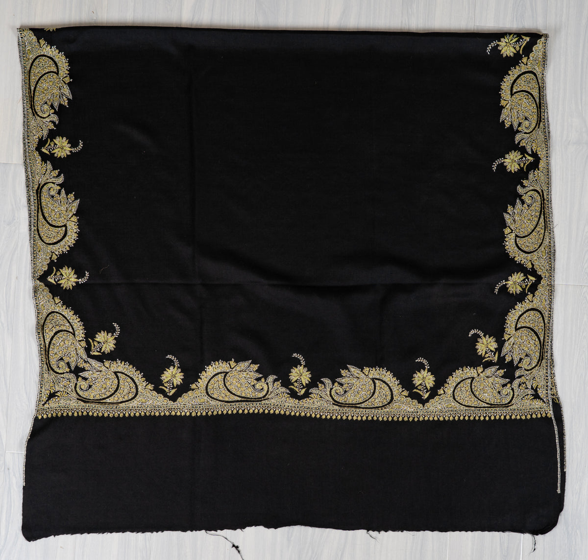 Midnight Black Merino Wool Shawl with Golden Sozni Hand Embroidered Paisleys