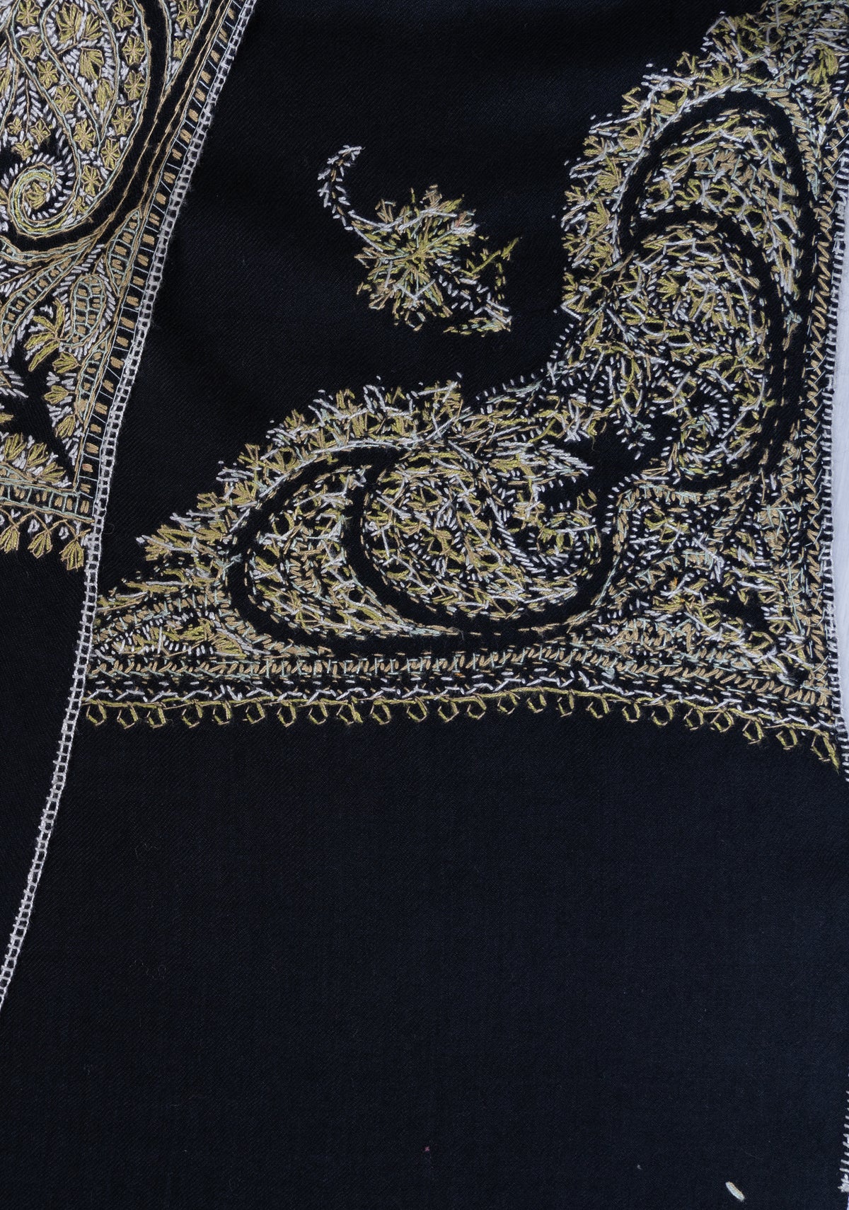 Midnight Black Merino Wool Shawl with Golden Sozni Hand Embroidered Paisleys