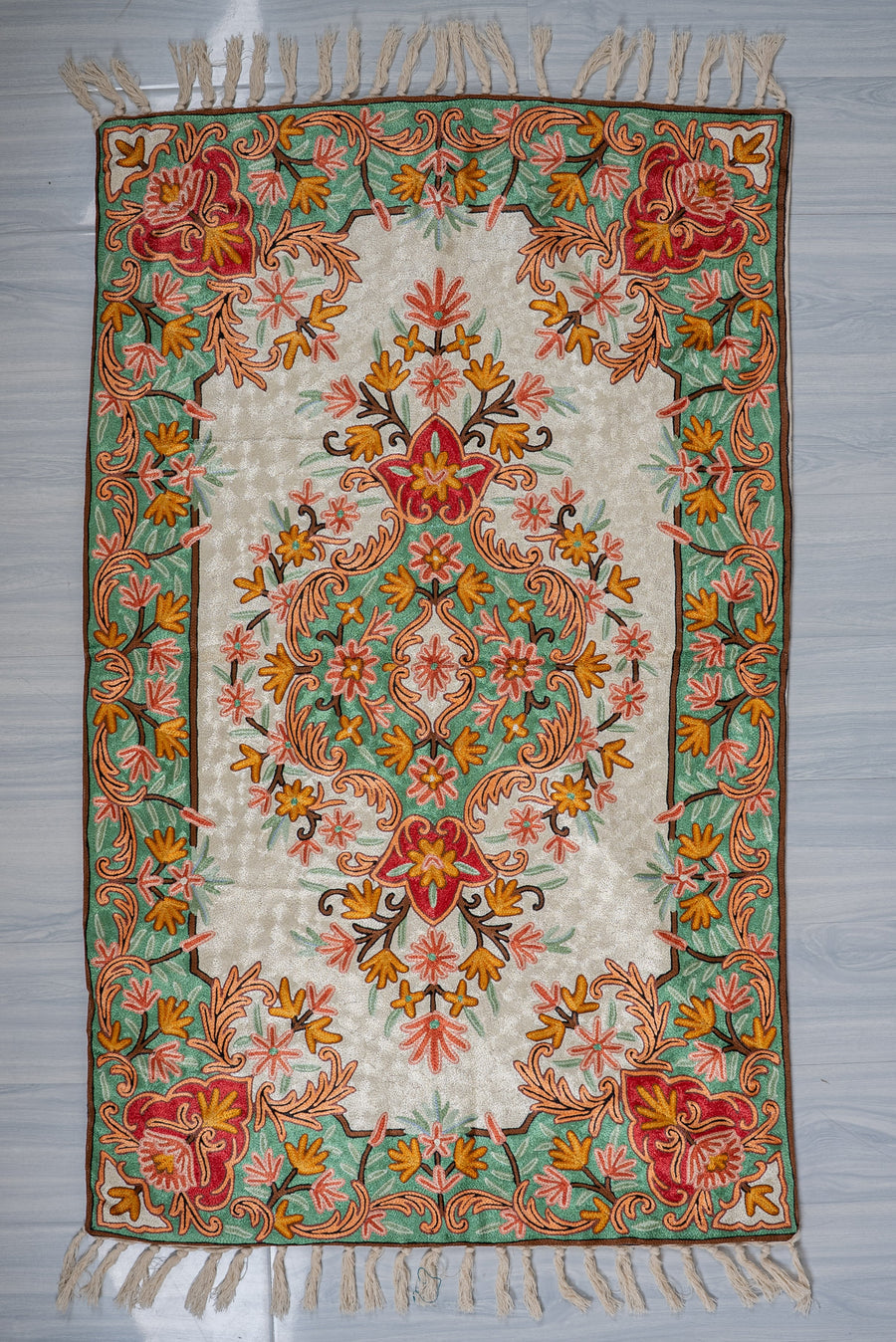 2.5ft x 4ft Ornate Garden Symphony: Hand Aari Embroidered chain stitch rug