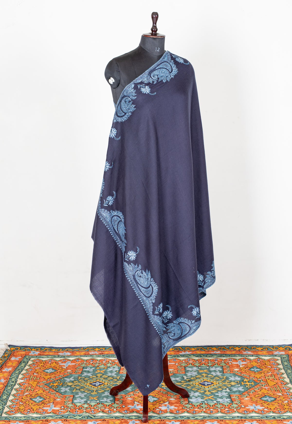 Twilight Navy Merino Wool Shawl with Blue Sozni Hand Embroidered Floral Paisleys
