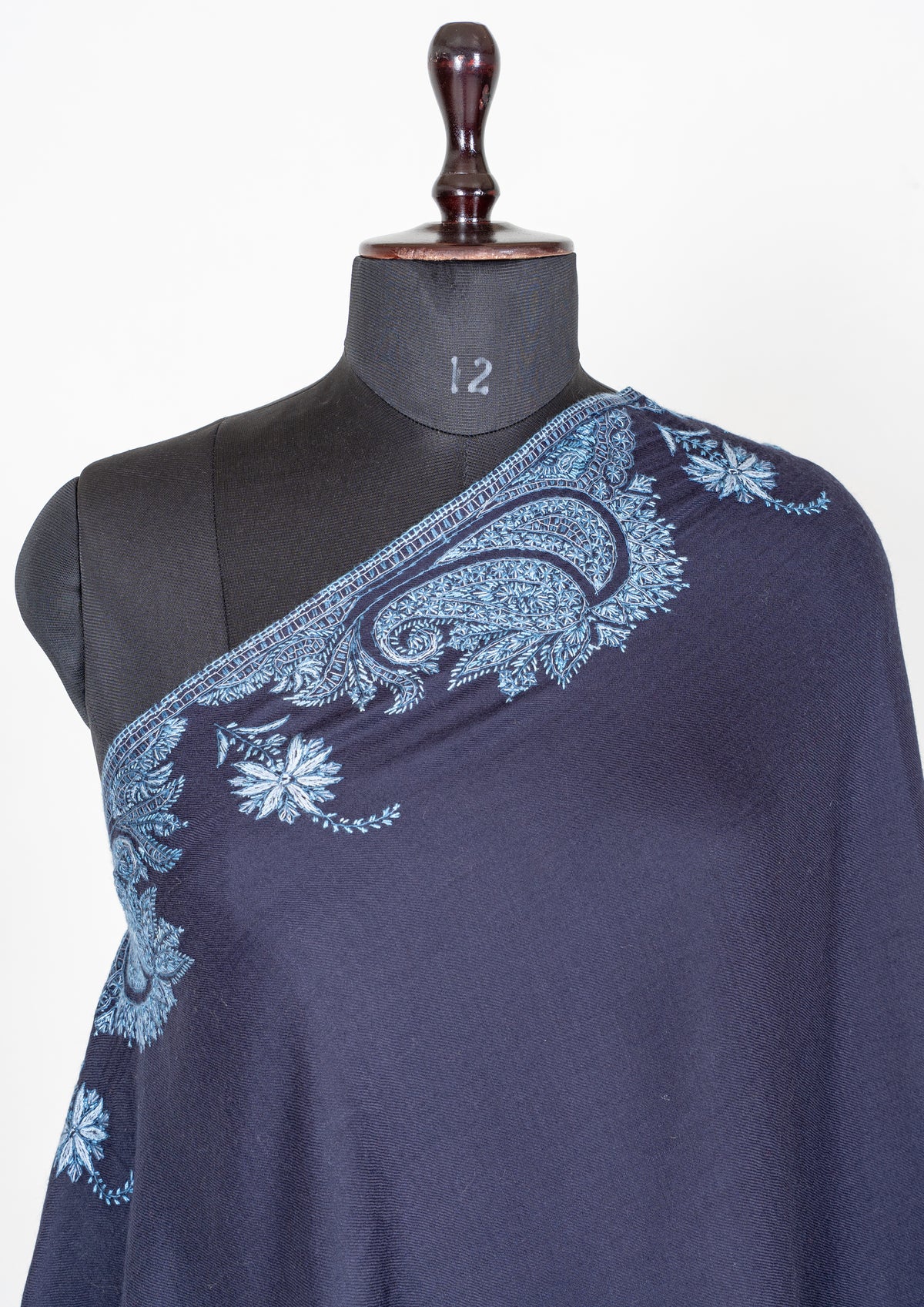 Twilight Navy Merino Wool Shawl with Blue Sozni Hand Embroidered Floral Paisleys