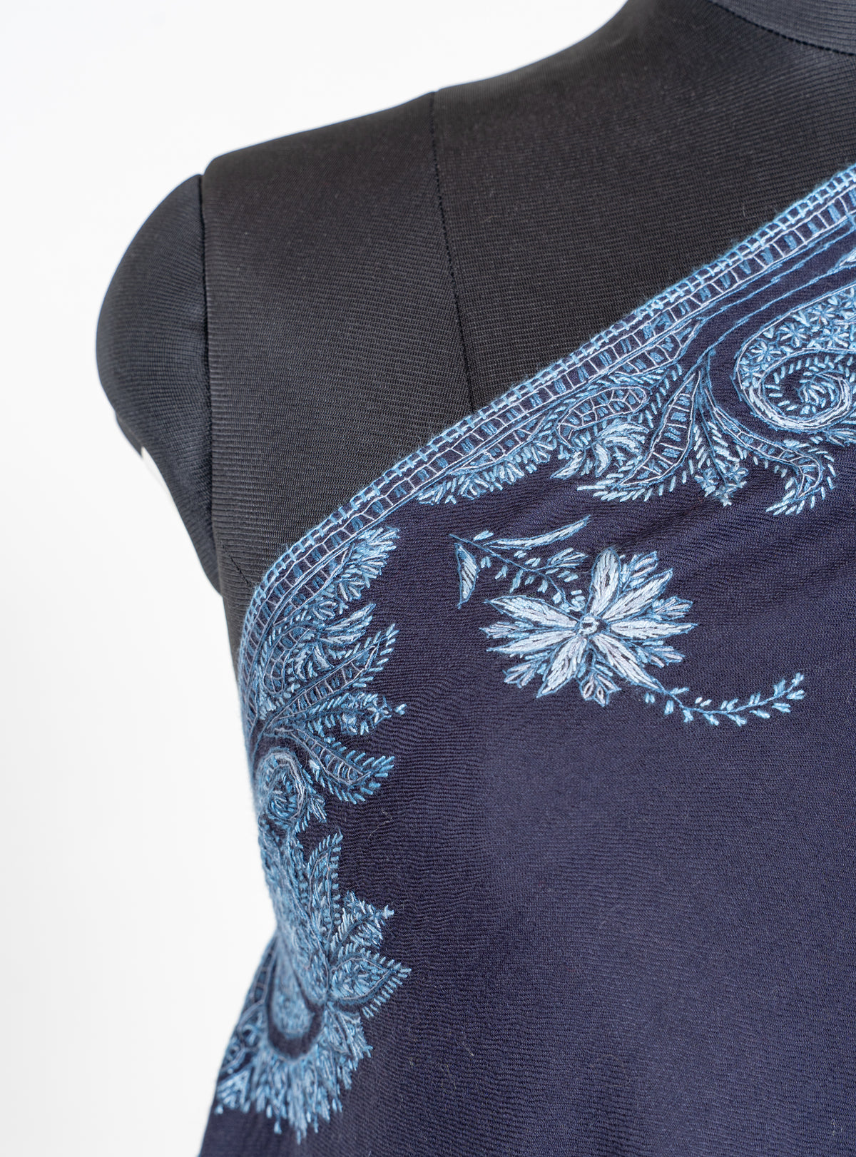 Twilight Navy Merino Wool Shawl with Blue Sozni Hand Embroidered Floral Paisleys