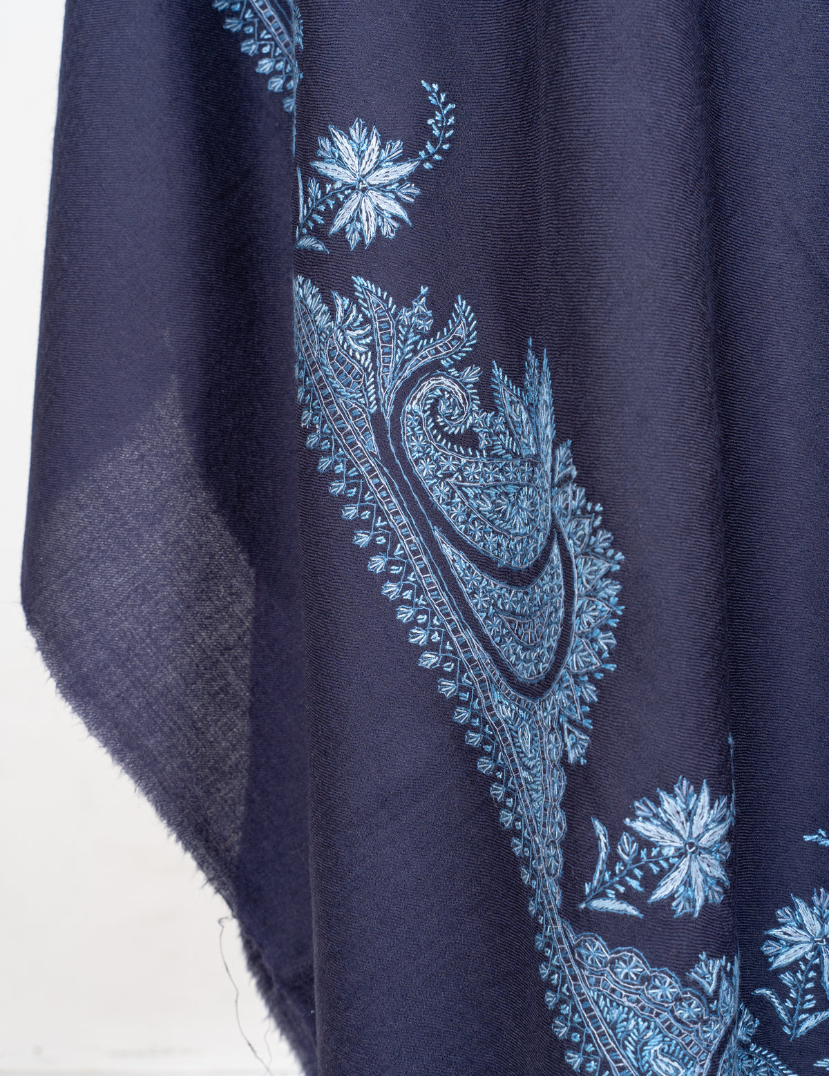 Twilight Navy Merino Wool Shawl with Blue Sozni Hand Embroidered Floral Paisleys