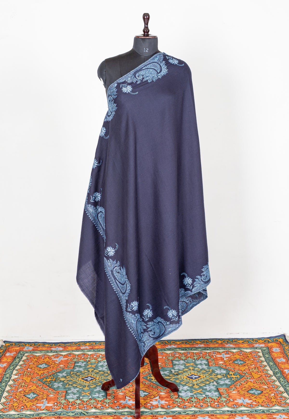 Twilight Navy Merino Wool Shawl with Blue Sozni Hand Embroidered Floral Paisleys