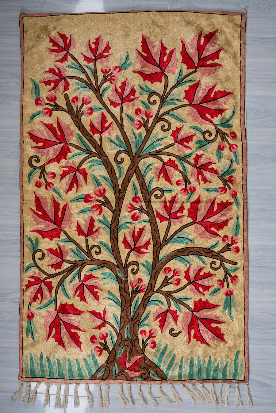 2.5ft x 4ft Autumn Maple Reverie: Hand Aari Embroidered chain stitch rug