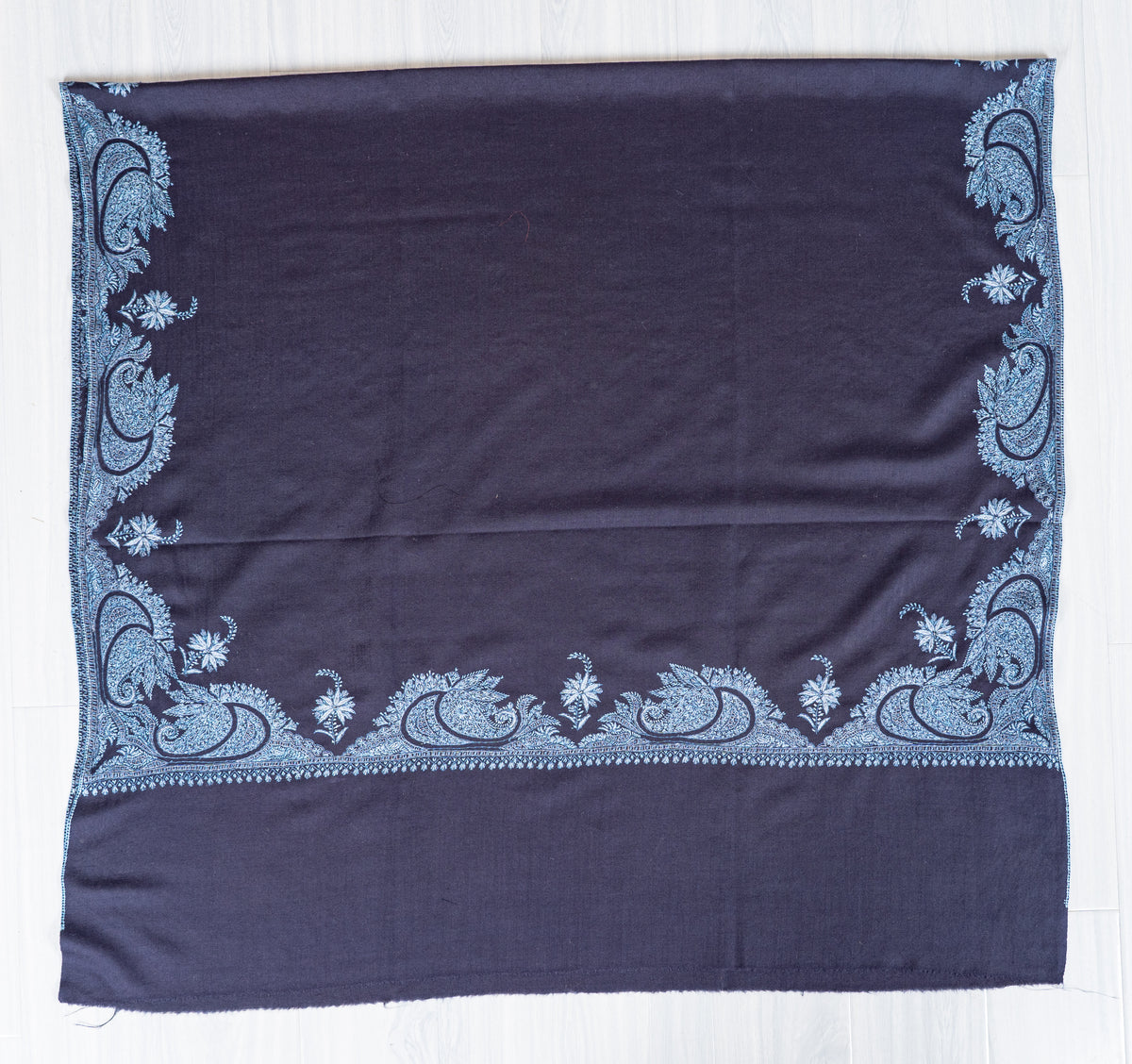 Twilight Navy Merino Wool Shawl with Blue Sozni Hand Embroidered Floral Paisleys