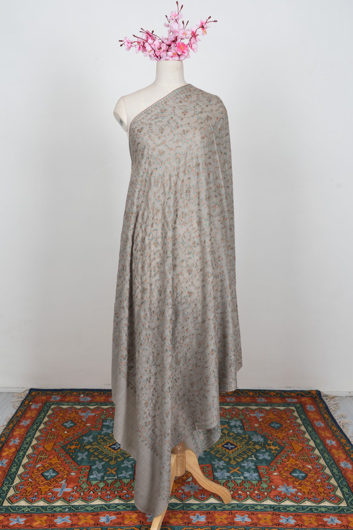 Misty Aqua Bloom: Merino wool 2.5 Yards Sozni Hand Embroidered Shawl