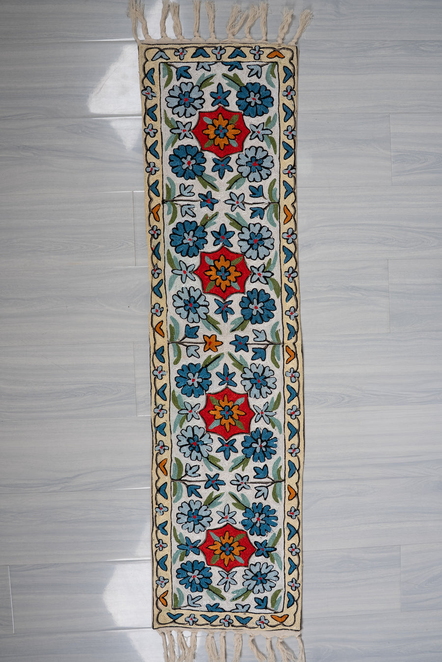 4ft x 1ft Azure Blossom Pathway: Hand Aari Embroidered chain stitch rug