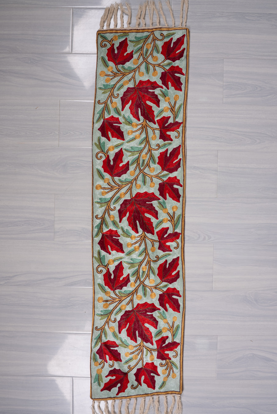4ft x 1ft Crimson Vine Cascade: Hand Aari Embroidered chain stitch rug