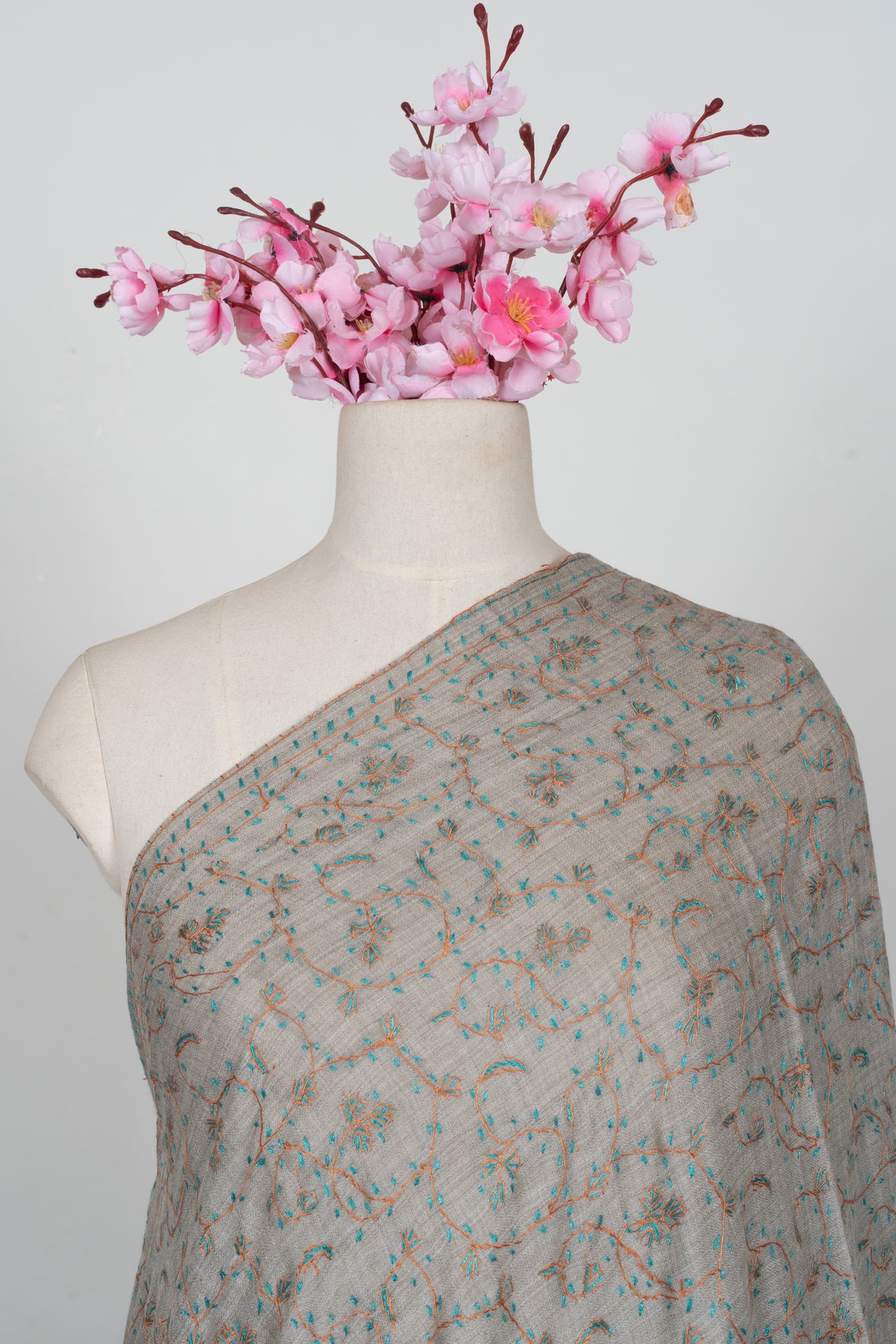 Misty Aqua Bloom: Merino wool 2.5 Yards Sozni Hand Embroidered Shawl