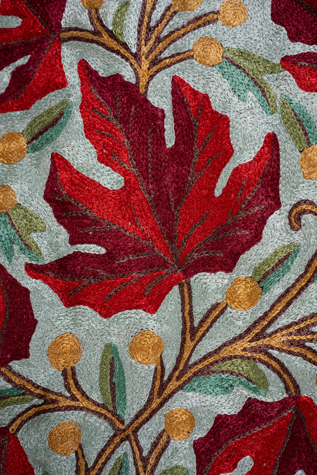 4ft x 1ft Crimson Vine Cascade: Hand Aari Embroidered chain stitch rug