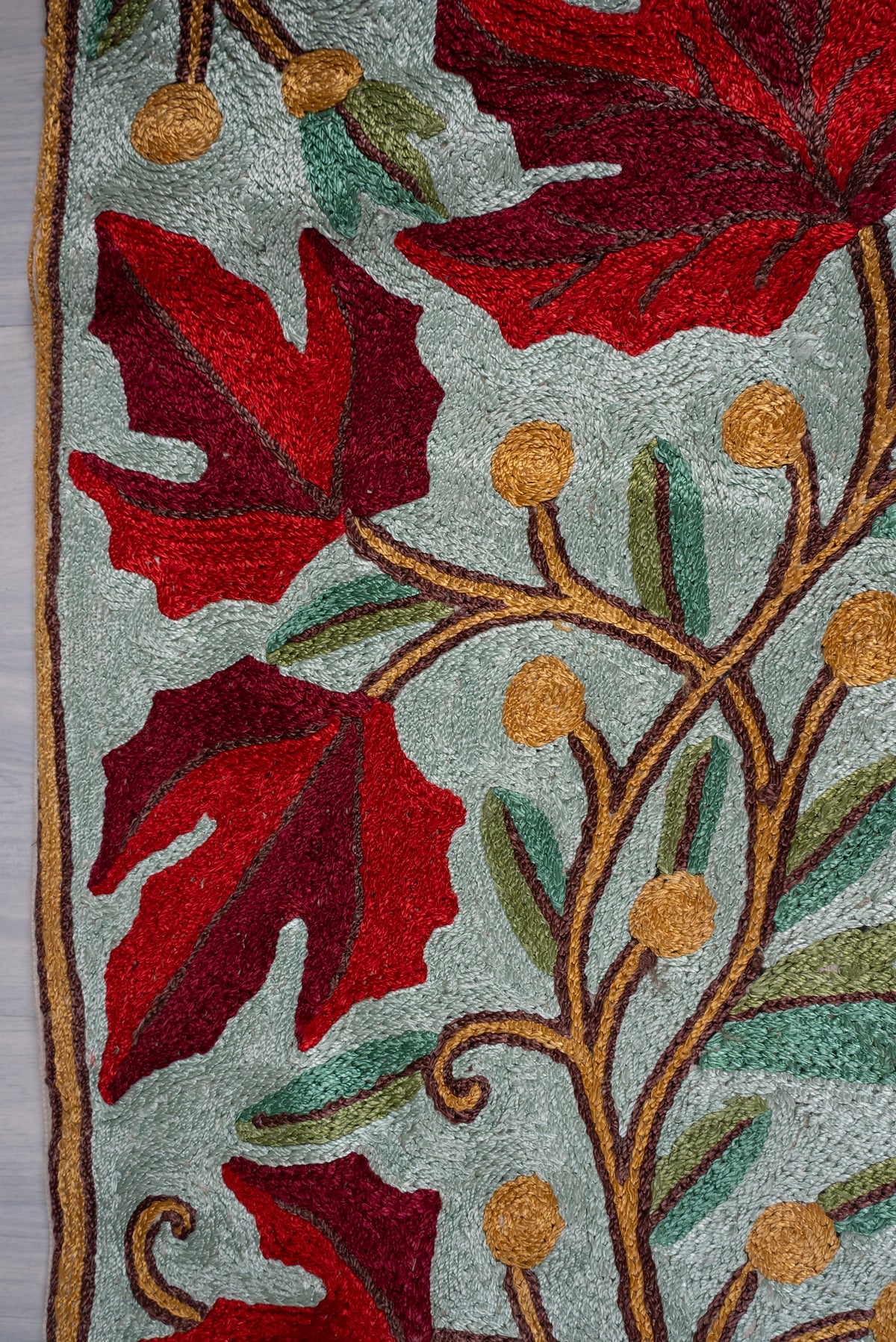 4ft x 1ft Crimson Vine Cascade: Hand Aari Embroidered chain stitch rug