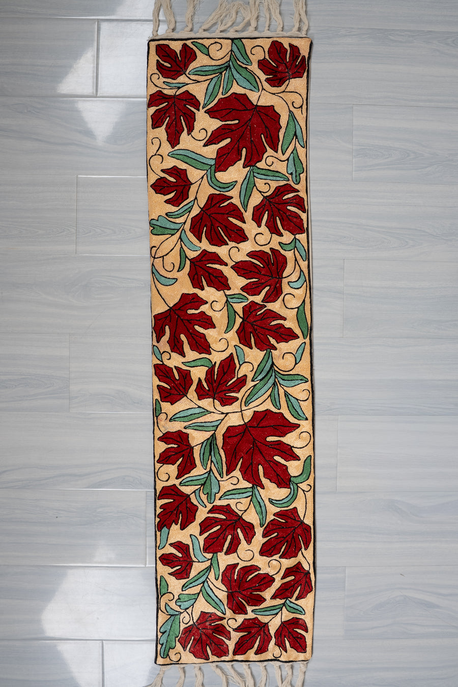 4ft x 1ft Scarlet Leaf Tapestry: Hand Aari Embroidered chain stitch rug
