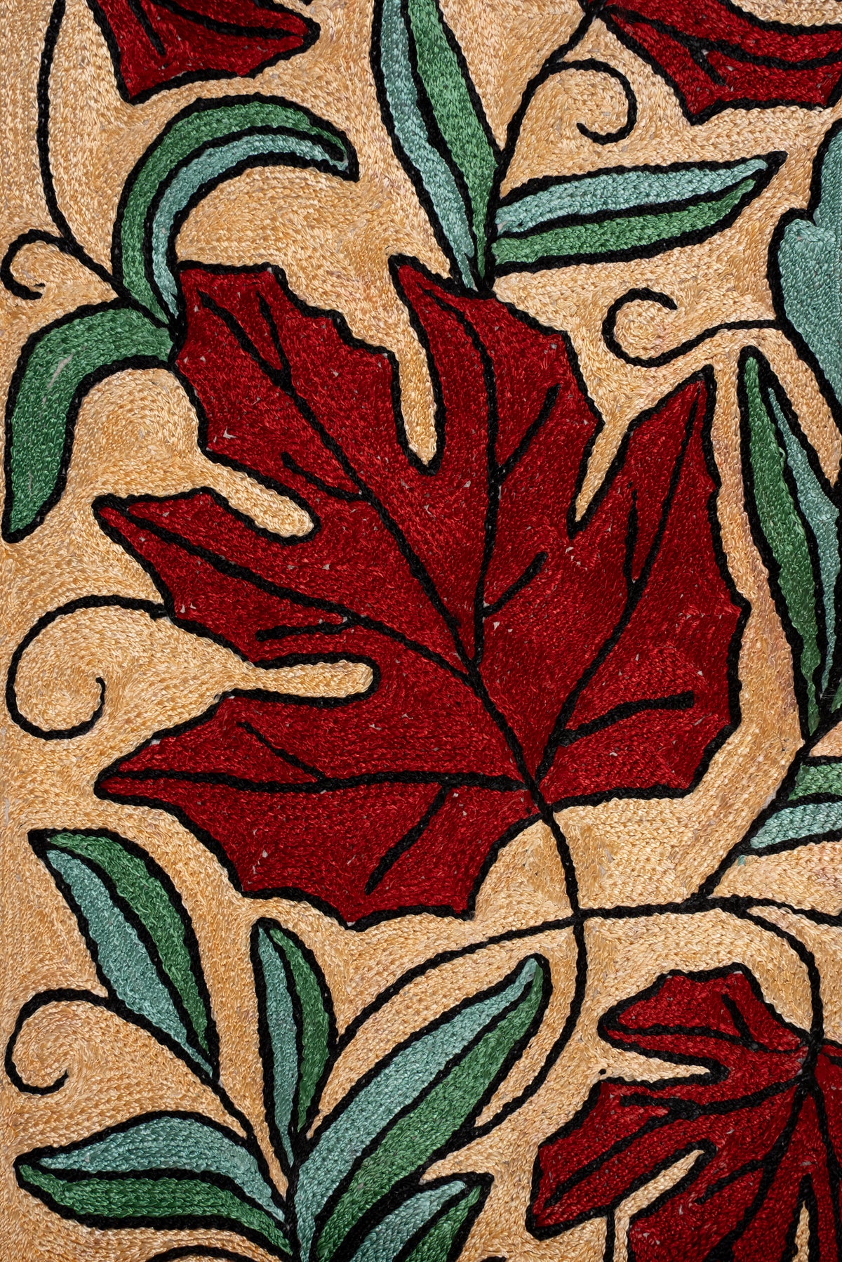 4ft x 1ft Scarlet Leaf Tapestry: Hand Aari Embroidered chain stitch rug