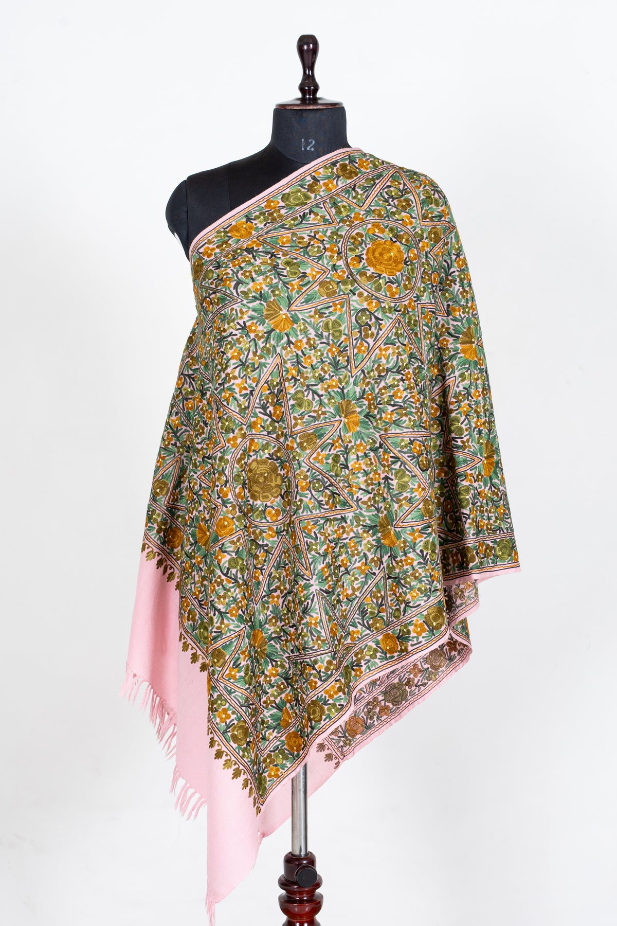 Blush Pink Merino Wool Scarf with Golden Garden Machine Aari Embroidered