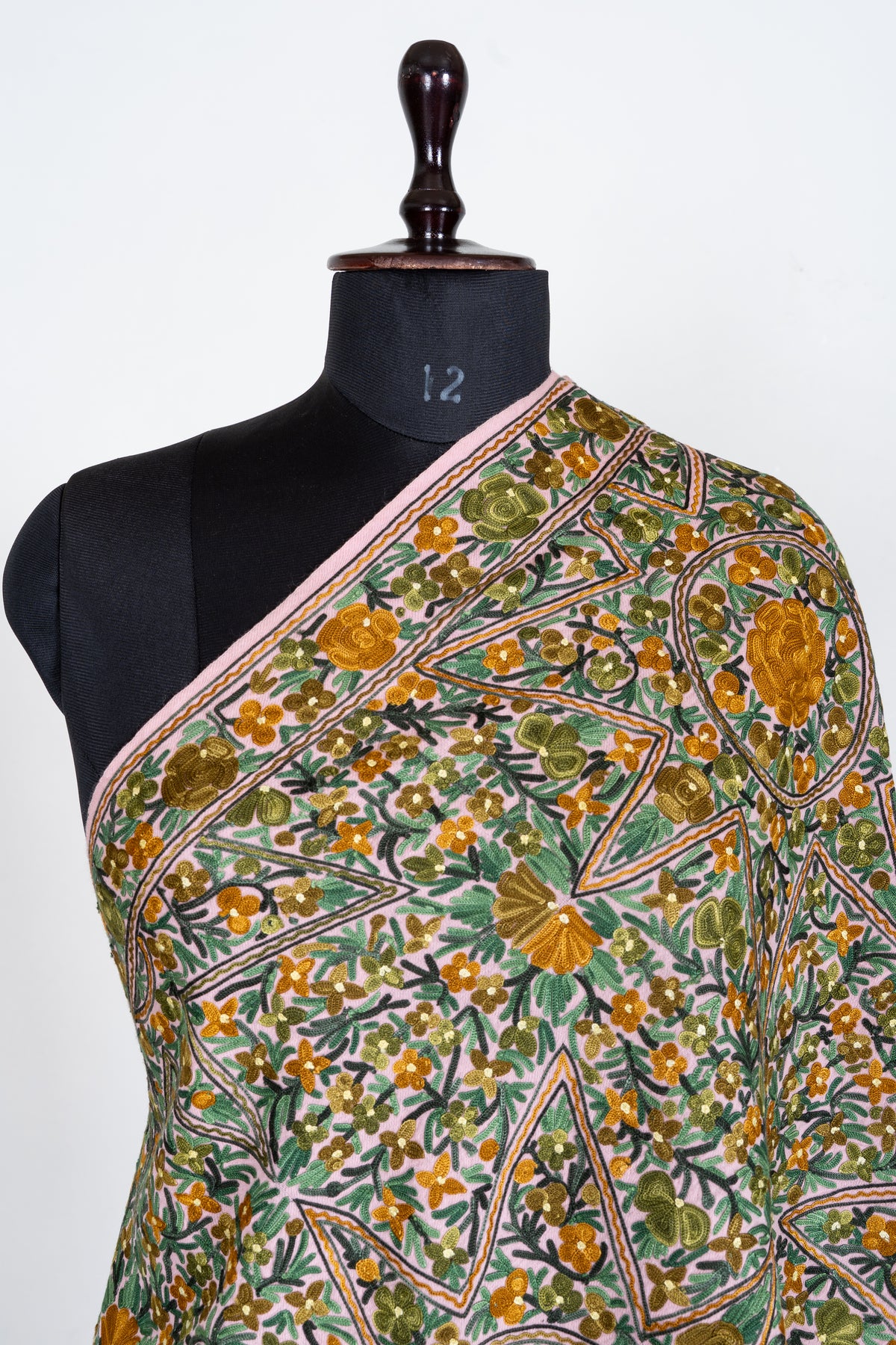 Blush Pink Merino Wool Scarf with Golden Garden Machine Aari Embroidered