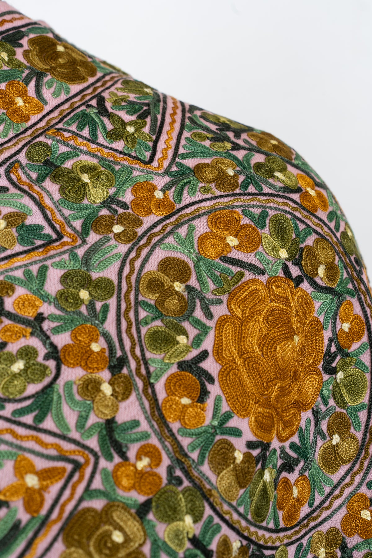 Blush Pink Merino Wool Scarf with Golden Garden Machine Aari Embroidered