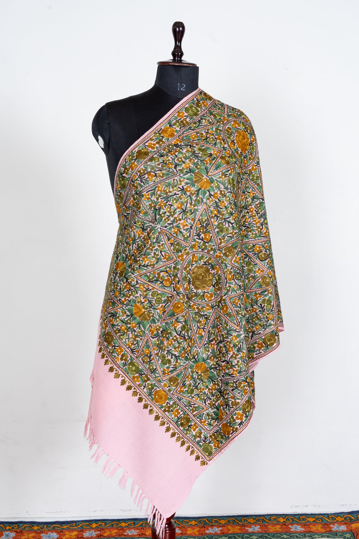 Blush Pink Merino Wool Scarf with Golden Garden Machine Aari Embroidered