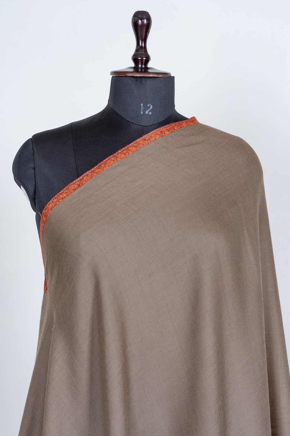 Sandstone Beige Merino Wool Shawl with Rust Orange Sozni Hand Embroidered Accents