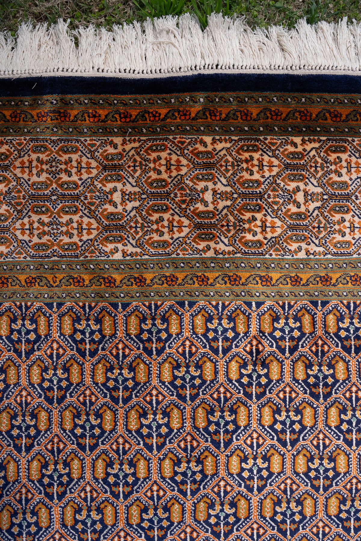 6ft x 4ft: Midnight Saffron Lattice: Hand Knotted Mulberry silk on silk Kashmiri Carpet
