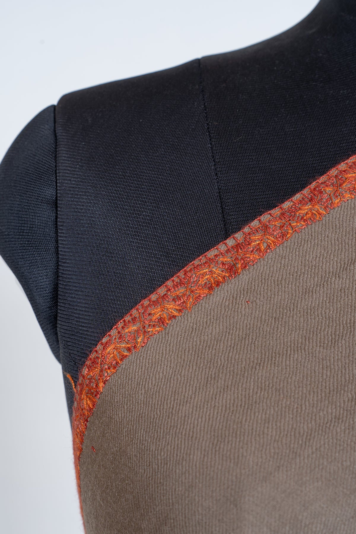Sandstone Beige Merino Wool Shawl with Rust Orange Sozni Hand Embroidered Accents
