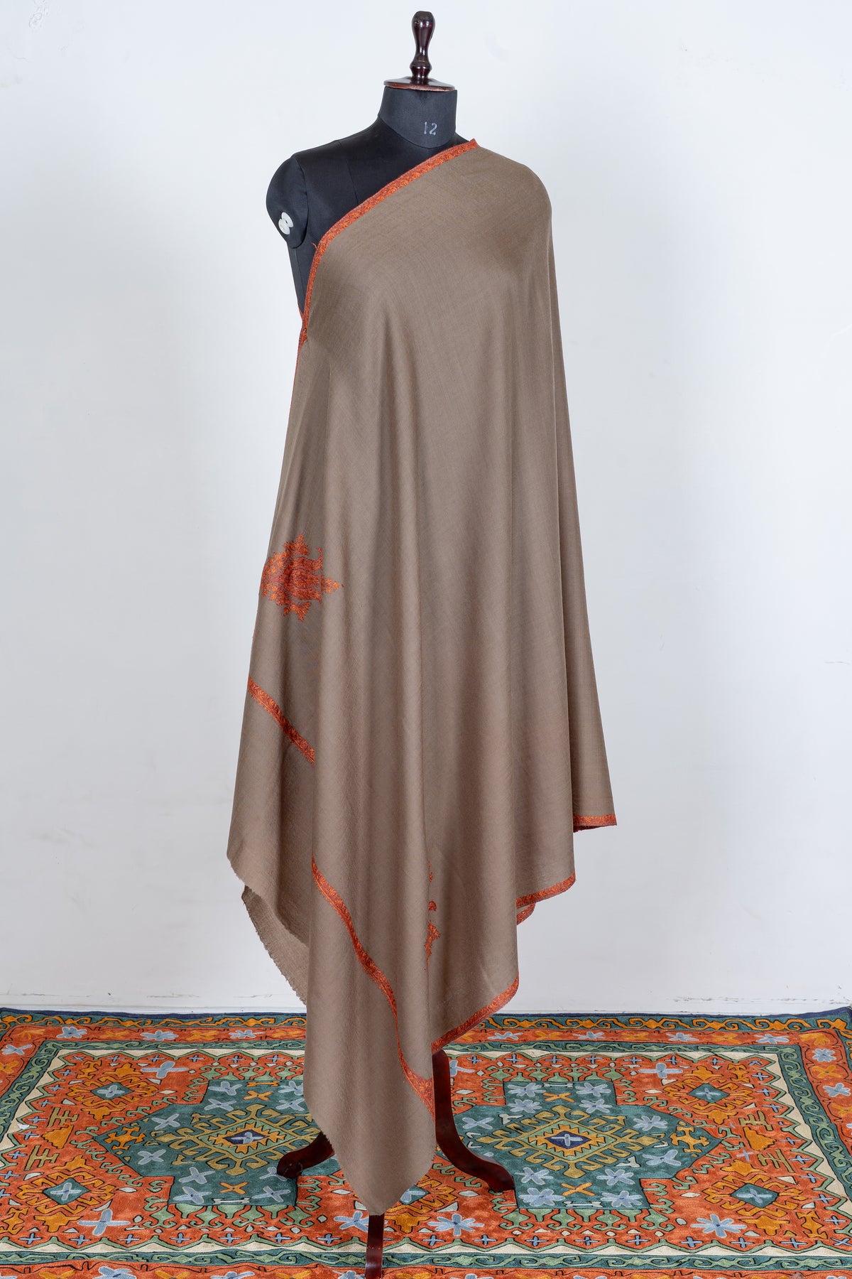 Sandstone Beige Merino Wool Shawl with Rust Orange Sozni Hand Embroidered Accents
