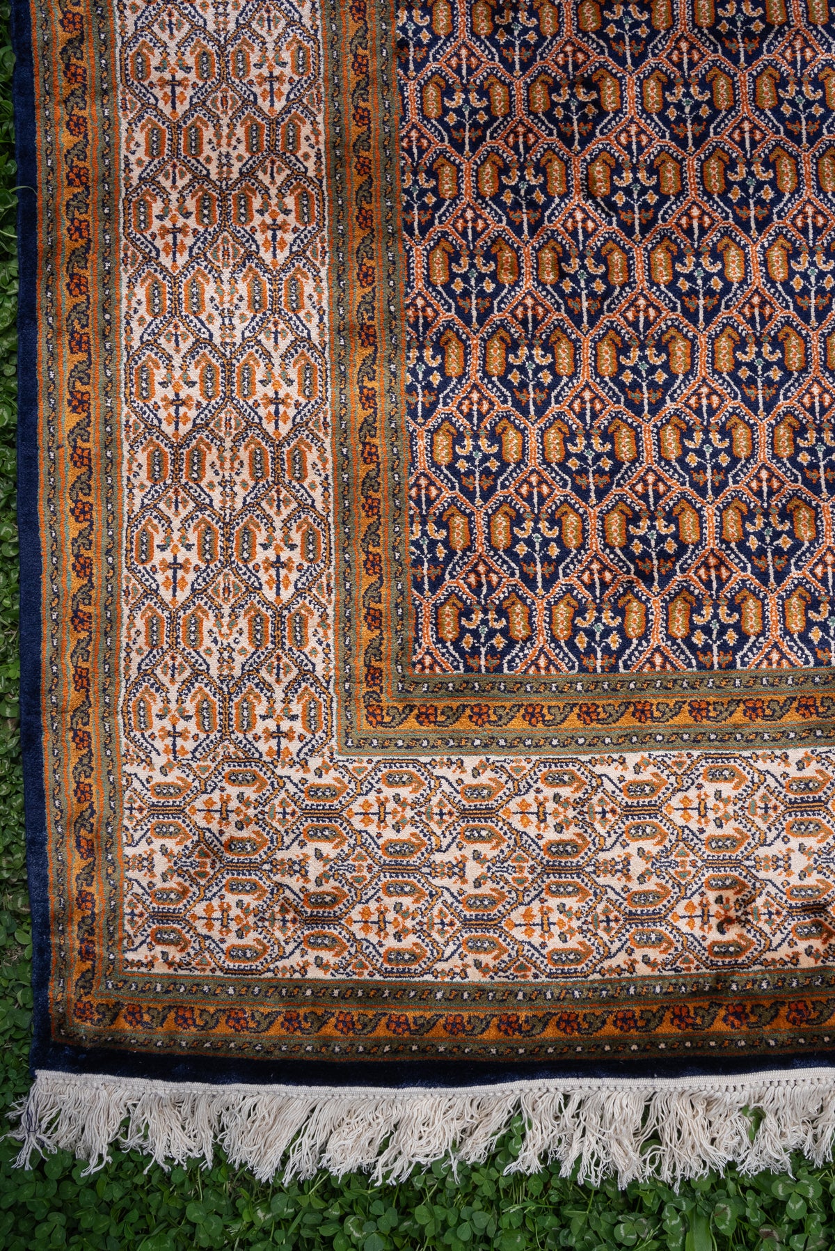 6ft x 4ft: Midnight Saffron Lattice: Hand Knotted Mulberry silk on silk Kashmiri Carpet