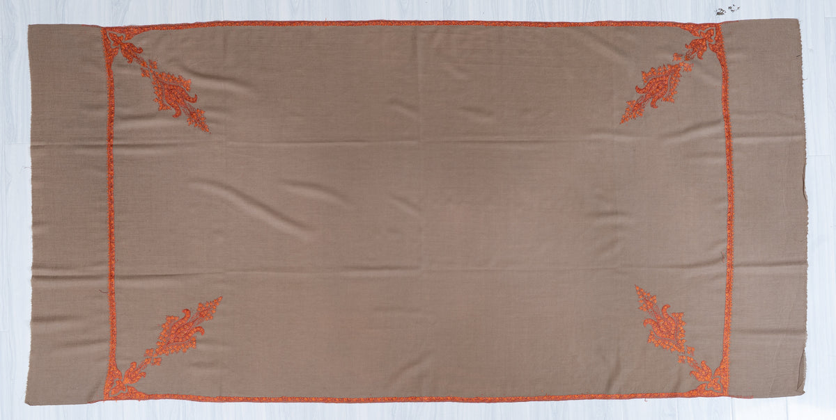 Sandstone Beige Merino Wool Shawl with Rust Orange Sozni Hand Embroidered Accents