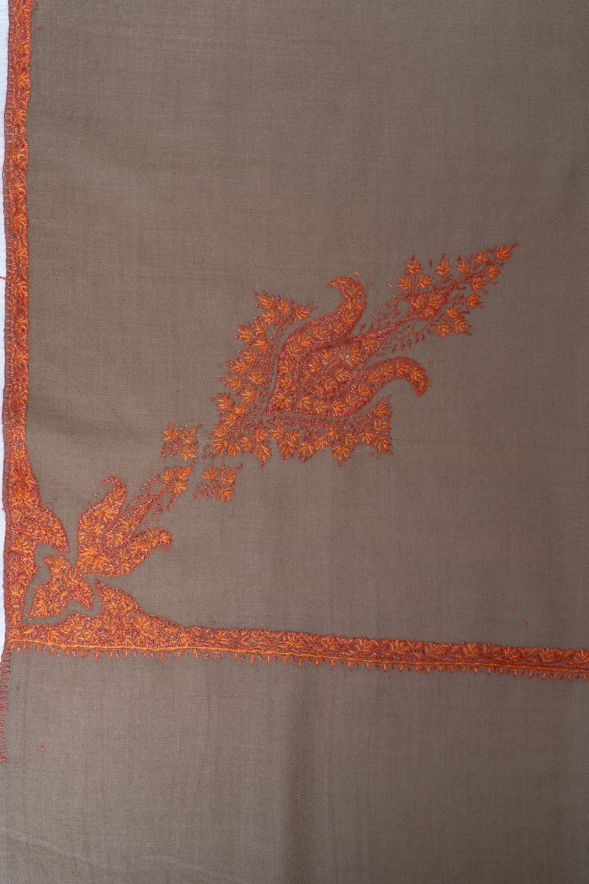 Sandstone Beige Merino Wool Shawl with Rust Orange Sozni Hand Embroidered Accents