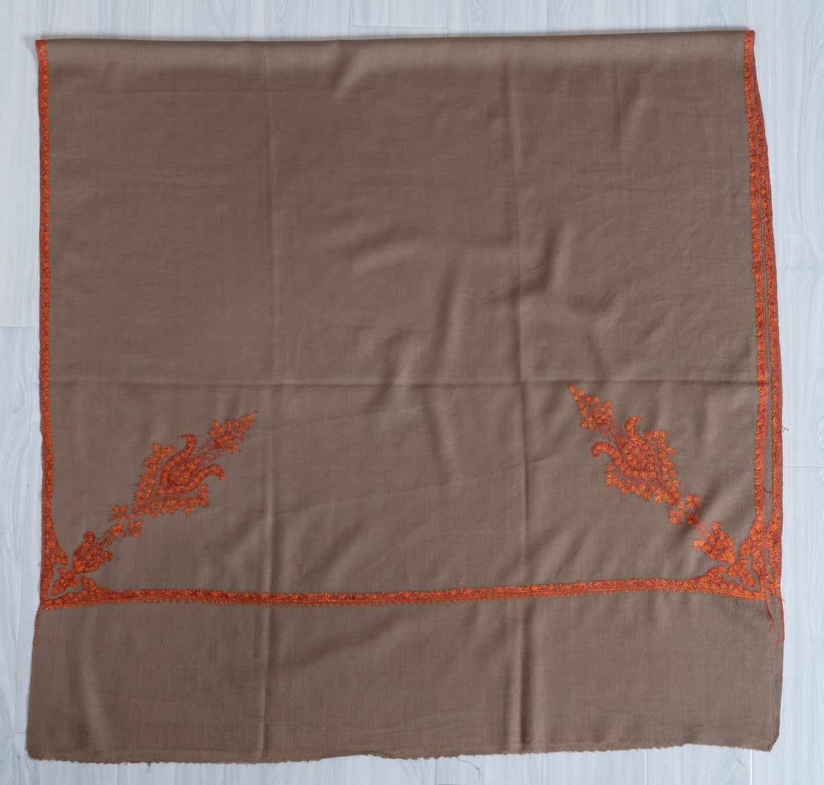 Sandstone Beige Merino Wool Shawl with Rust Orange Sozni Hand Embroidered Accents