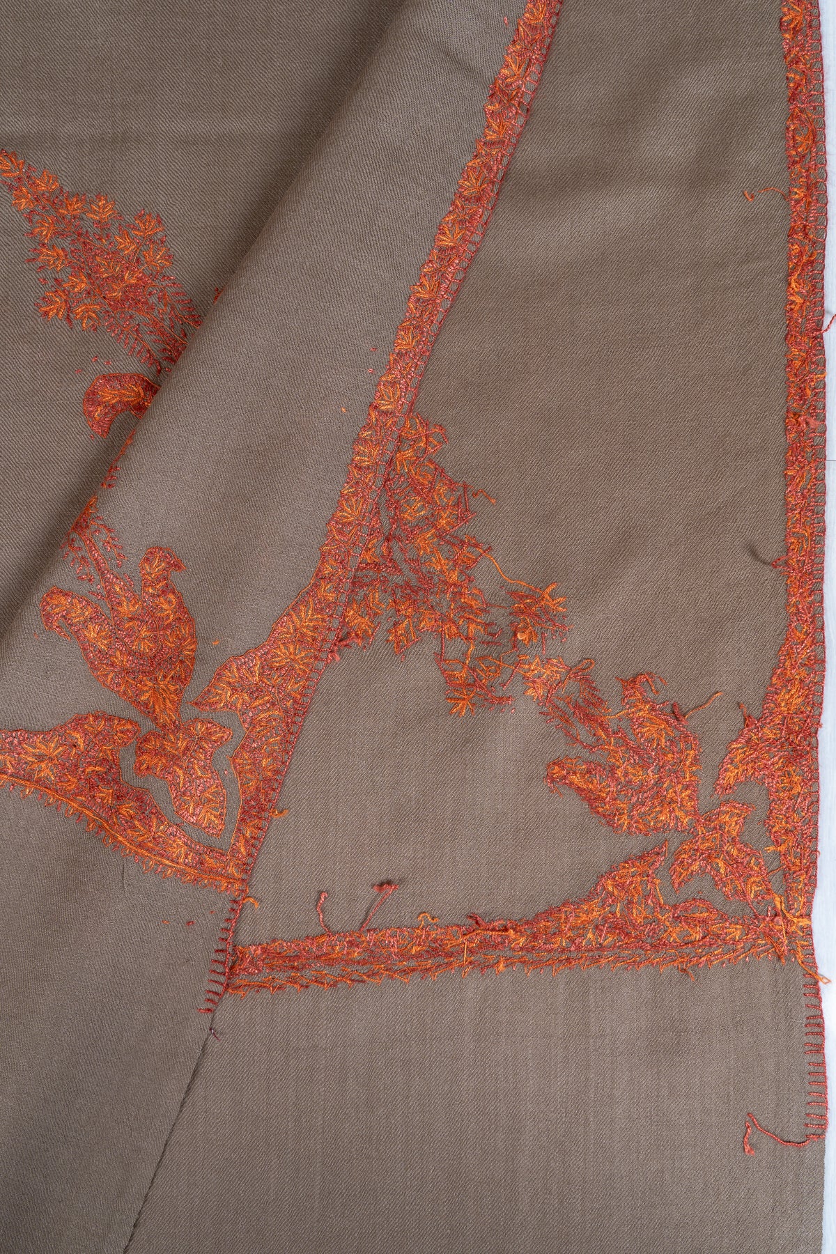 Sandstone Beige Merino Wool Shawl with Rust Orange Sozni Hand Embroidered Accents