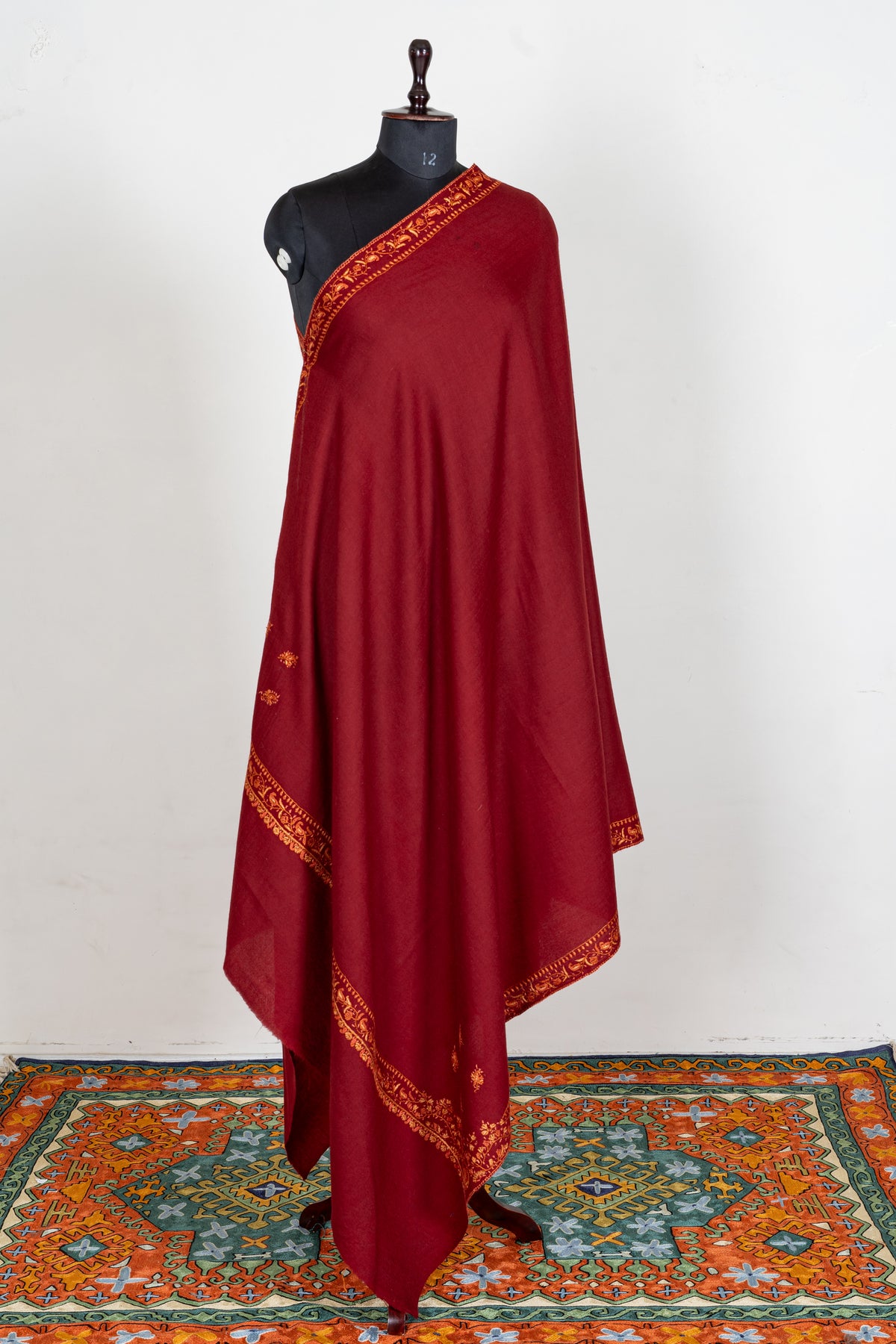 Ruby Red Merino Wool Shawl with Amber Sozni Hand Embroidered Borders