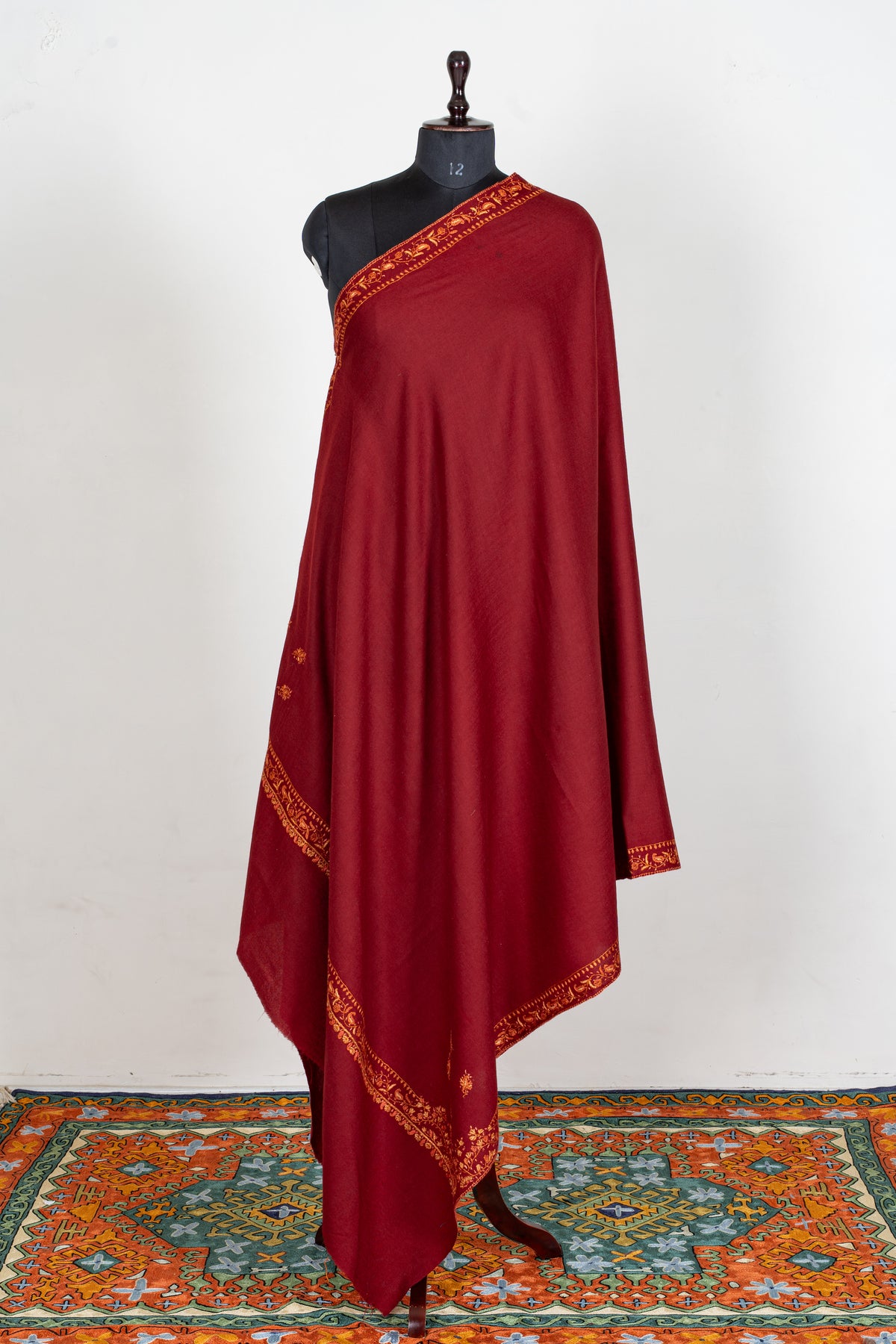 Ruby Red Merino Wool Shawl with Amber Sozni Hand Embroidered Borders