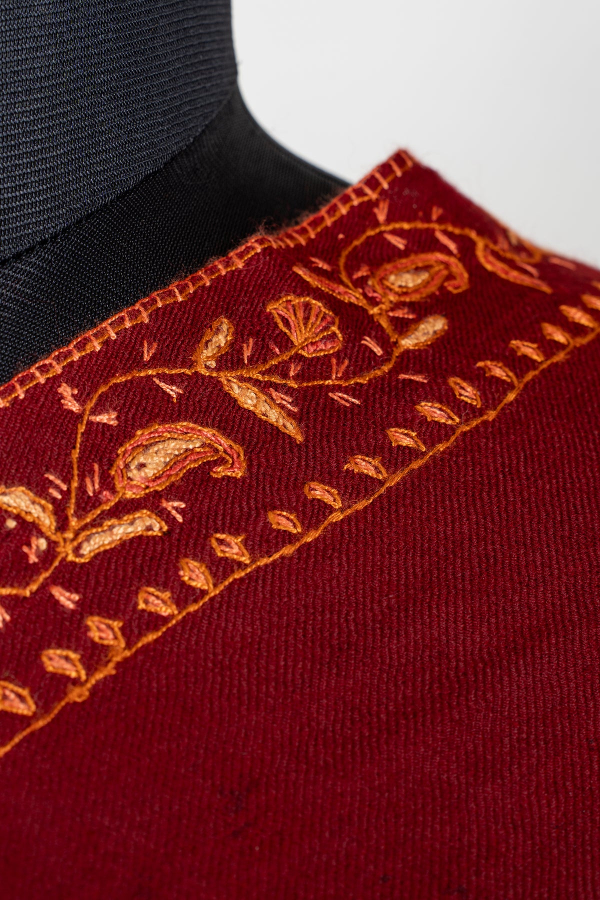 Ruby Red Merino Wool Shawl with Amber Sozni Hand Embroidered Borders