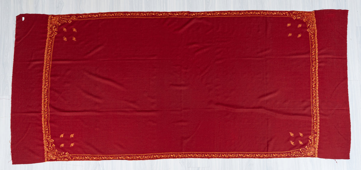 Ruby Red Merino Wool Shawl with Amber Sozni Hand Embroidered Borders