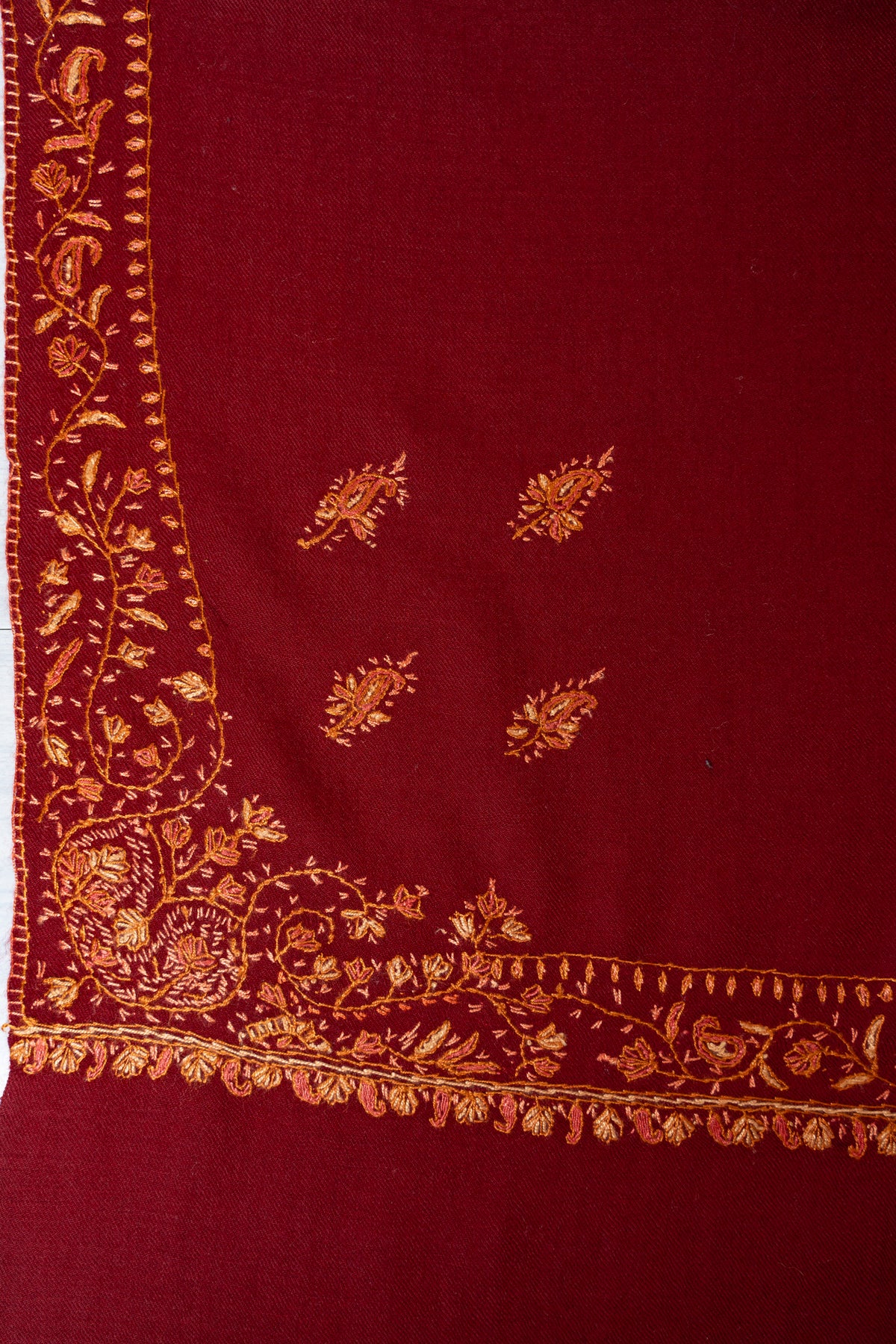 Ruby Red Merino Wool Shawl with Amber Sozni Hand Embroidered Borders